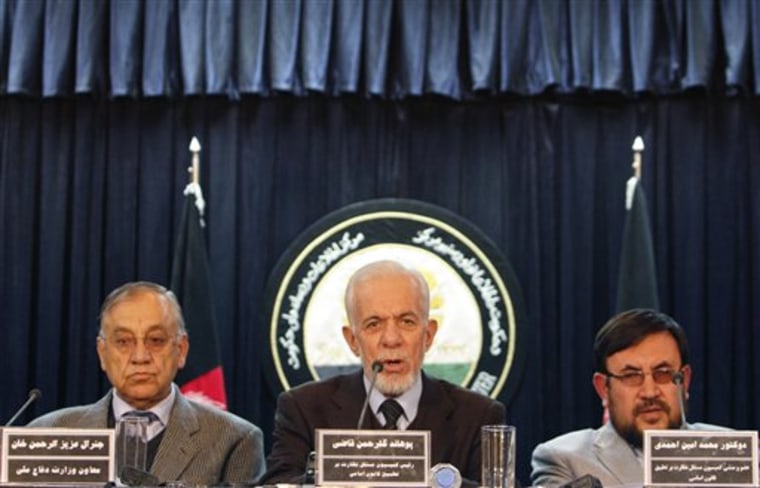 Gul Rahman Qazi , center, head of an Afghan investigative commission, speaks at a media conference in Kabul on Saturday.